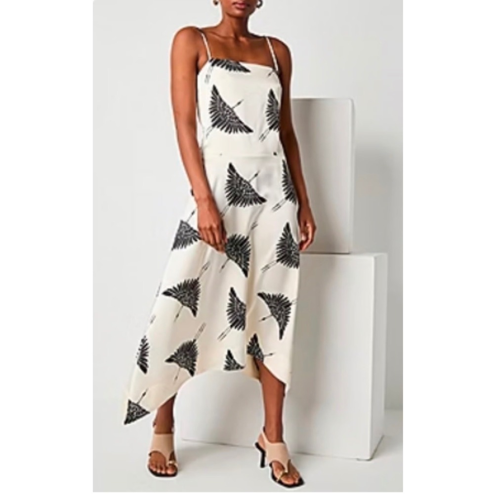 Worthington Crane Bird Print Handkerchief Hem Midi Dress Ivory Black Size 12
